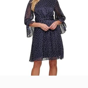 DKNY Blue and White A-Line Dress with Bell Sleeves